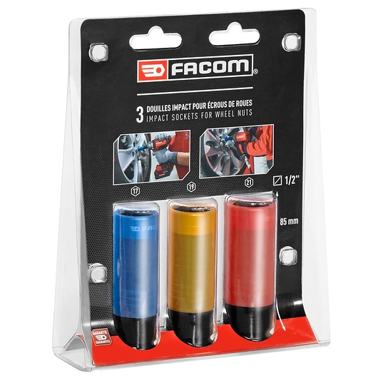 Facom NSI.3LPB impact socket set, three color-coded wheel nut sockets in retail packaging, front angle.