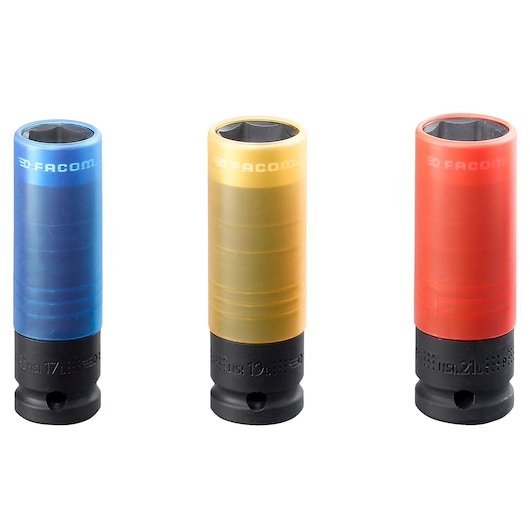 Photo of Facom NSI3L socket set with blue, yellow, and red protective sleeves, front angle on white background.