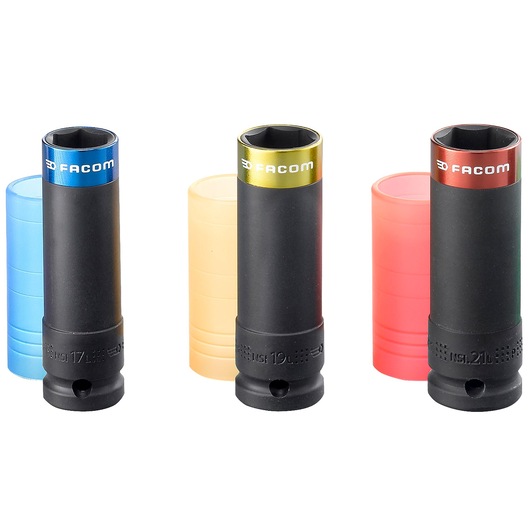 Facom NSI3L socket set photography, three black impact sockets with colored rings and matching sleeves, front angle.