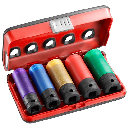 Facom NSI.5LPB set of five colored impact sockets in red carrying case, angled view on white background.