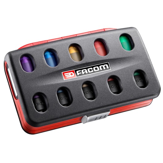 Facom NSI.5LPB tool set case with black cover, transparent windows, showing colored tools inside, angled view.