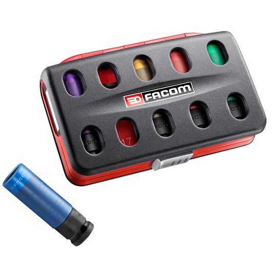 Facom NSI.5LPB socket set with color-coded sockets in a compact black and red case, product shown at angle.