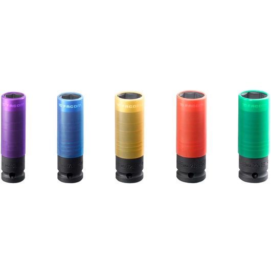 Facom NSI.5LPB set of five colored impact sockets, upright view on white background.