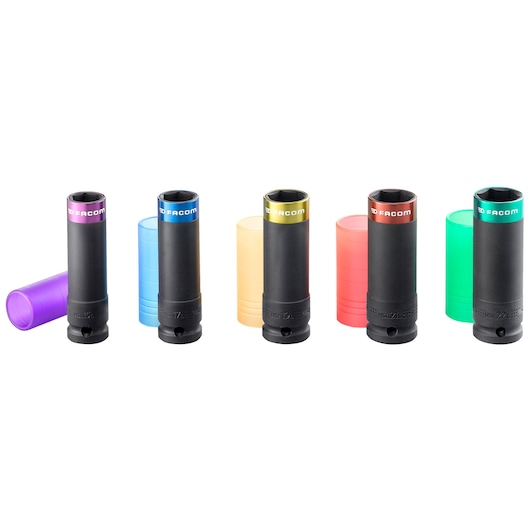 Facom NSI.5LPB set of five color-coded impact sockets with colored plastic sleeves, front angle, white background.