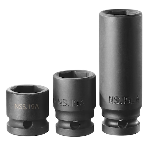 Facom NSS.19A impact socket set, three black sockets in different lengths, white background, front angle.