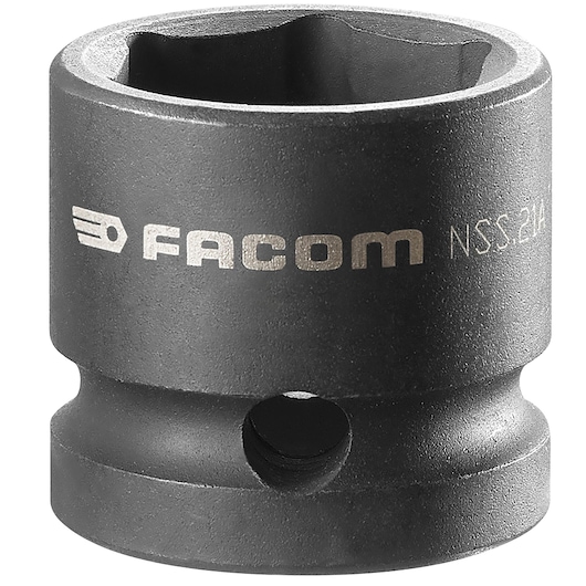 Photo of Facom NSS.21A black impact socket, hexagonal opening, side angle on white background.