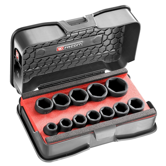 Facom NSS.J12PB socket set in black case with red foam insert, photography, angled on white background.