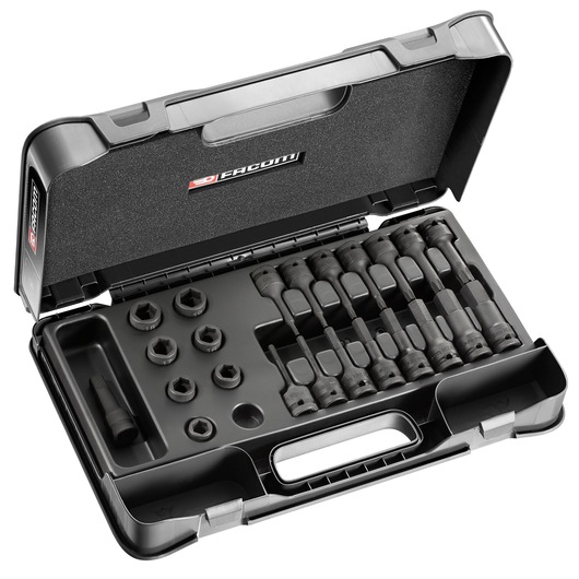 Facom NSS.J23PB hex bit socket set in black plastic case, top angle view, showing multiple sockets and bits organized.