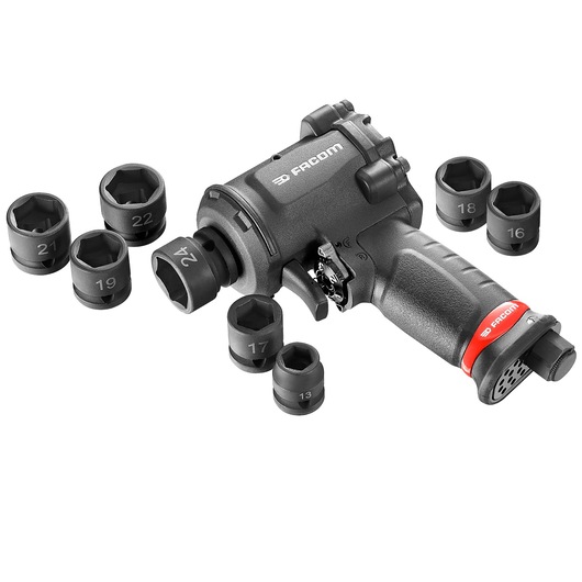 Facom NSS.J8PB impact wrench set with black and red handle and eight socket attachments, front angle on white background.