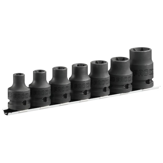 Facom NSTX_J7 socket set with seven black sockets on a rail, front angle, photography category.