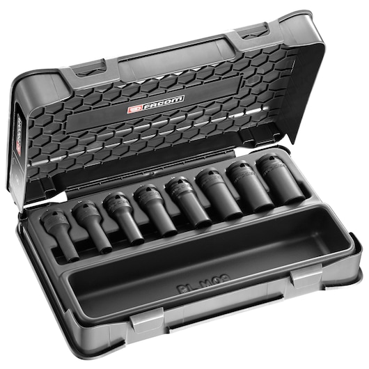 Facom NSTXL.J8APB socket set with eight black impact sockets in an open hard plastic case, angled view.
