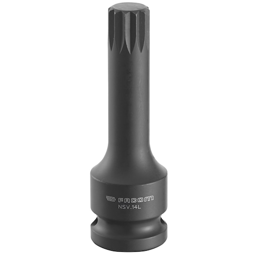 Facom NSV_16L black long spline socket, photography category, front view on white background.