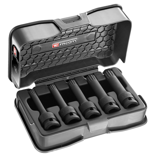 Facom NSVL.J5APB set of five black impact sockets in a hard plastic case, case open, front angle.