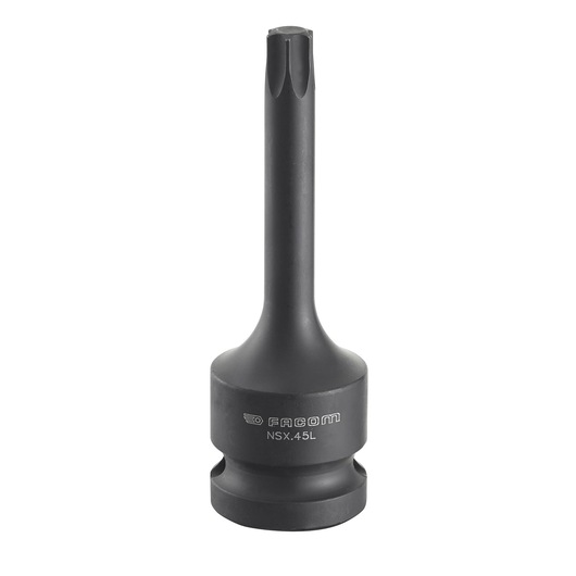 Facom NSX_50L long black impact socket bit, vertical front view on white background.