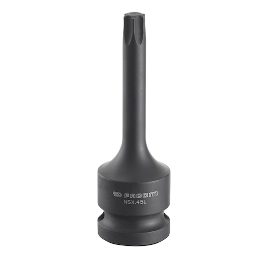 Facom NSX_55L black long impact socket bit, front angle, photography on white background.