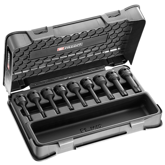 Facom NSXL.J9APB black Torx socket bit set, nine pieces in a hard plastic case, front angle.