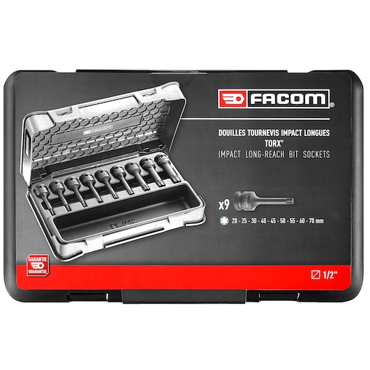 Facom NSXL.J9APB set of nine impact long-reach Torx bit sockets in black hard case, photography of closed and open case, front angle.