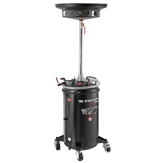 Facom OD_80G mobile oil drain with wheels, black cylinder and adjustable tray, front view.