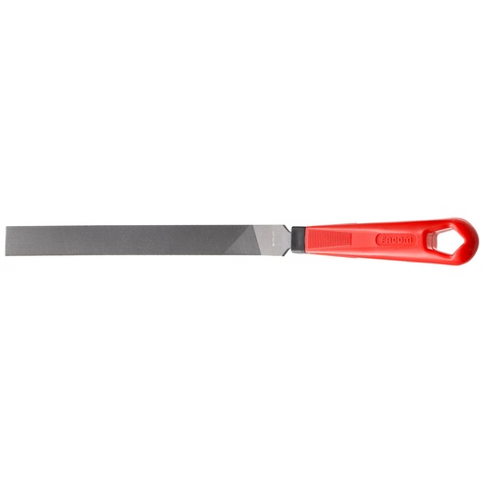 Facom PAM_B200EMA flat metal file with red handle, side view on white background.
