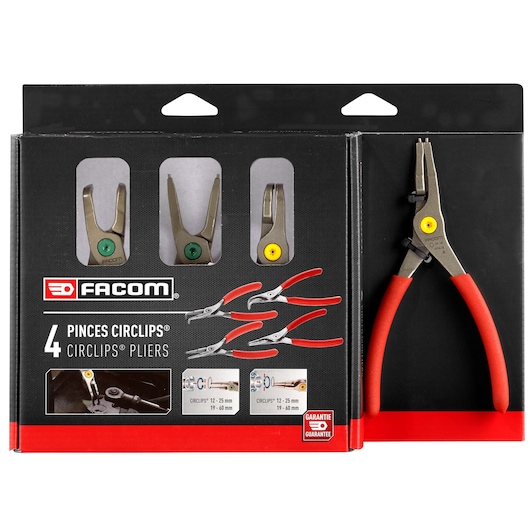 Facom PCJ4PB set of four circlip pliers with red handles, displayed in black packaging, photo front angle.