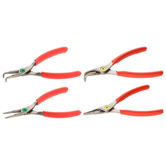 Facom PCJ4 set of four circlip pliers with red handles, assorted straight and bent tips, front angle.