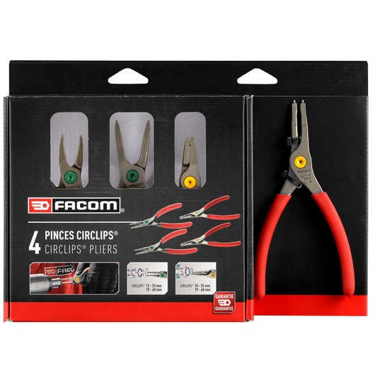 Facom PCSNJ4PB set of 4 circlip pliers with red handles in retail packaging, shown from front angle.