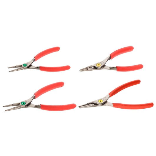 Facom PCSNJ4 set of four circlip pliers with red handles, photographed on white background, top view.