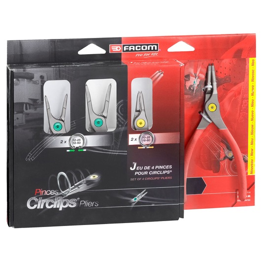 Facom PCSNJ4 circlips pliers set packaging with four pliers and red handles, front angle.