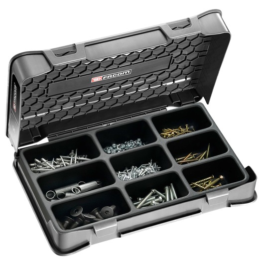 Facom PL_L384 organizer box, black, open top view with assorted screws and hardware, photography