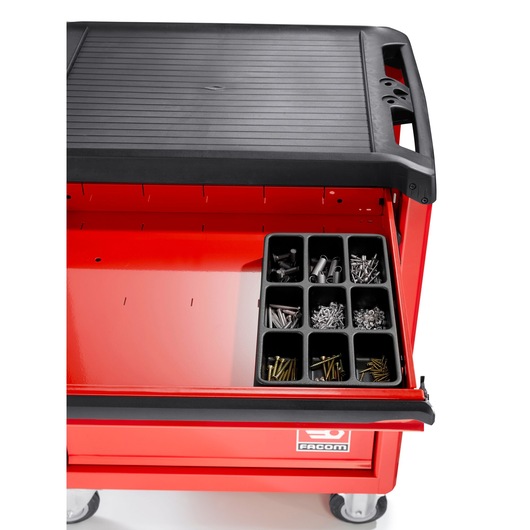 Facom PL_L384 red tool trolley with open drawer showing assorted fasteners, top view