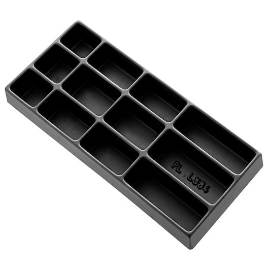 Facom PL_M384 black plastic organizer tray with multiple rectangular compartments, angled view, white background.