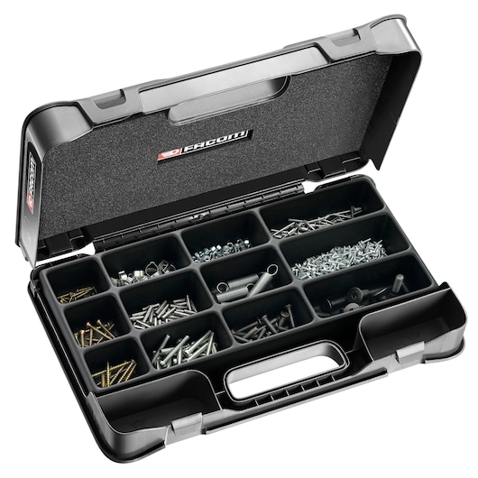 Facom organizer box PL_M384 with compartments filled with assorted screws and hardware, angled view on white.