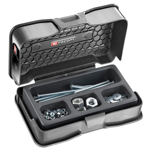 Facom PLS384 hardware organizer with metal bolts, nuts, and washers, photo from top angle.