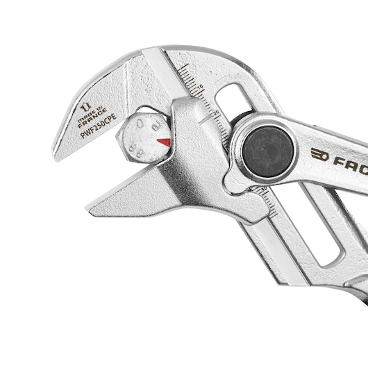 Photo of Facom adjustable wrench PWF250CPEPB with measurement scale, close-up on jaws, white background.