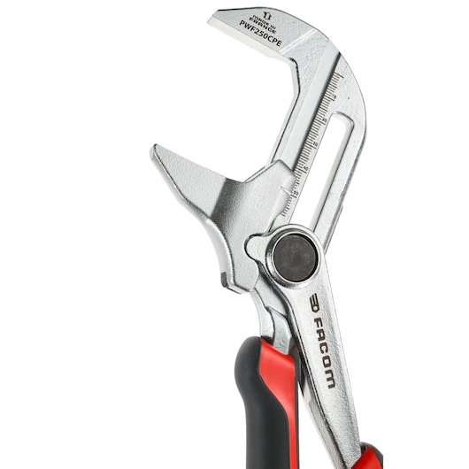 Photo of Facom PWF250CPEPB adjustable wrench with silver body and black-red handle, angled on white background.