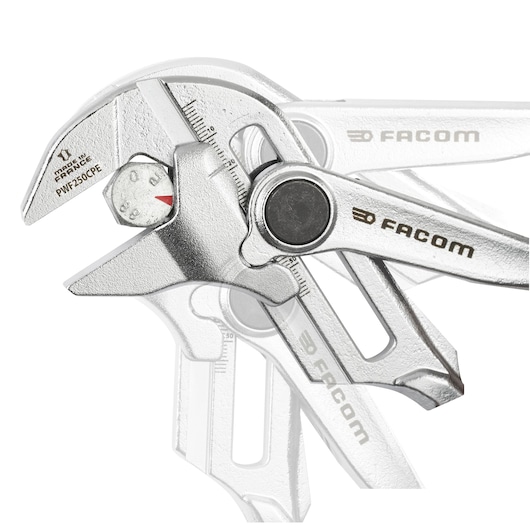 Facom adjustable wrench PWF250CPEPB, silver finish, side view with visible measurement scale.