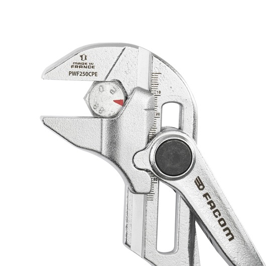 Photo of Facom adjustable wrench with scale and dial, silver finish, SKU PWF250CPEPB, front angle.
