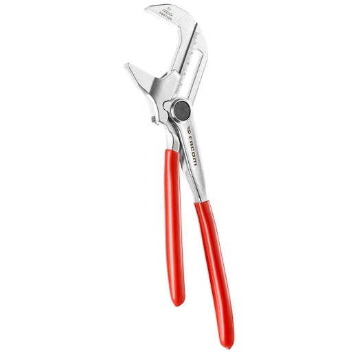 Facom PWF250G adjustable pliers with chrome jaws and red handles, studio angle on white background.