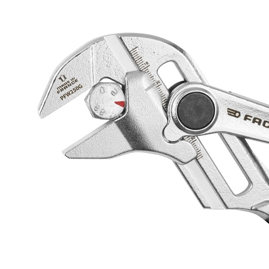 Facom adjustable wrench PWF250G with measurement scale, silver finish, close-up, white background.