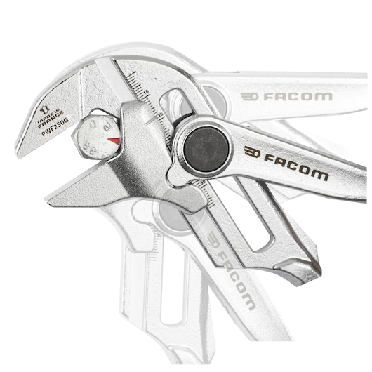 Photo of Facom PWF250G adjustable wrench with measurement scale and silver finish, side angle on white background.