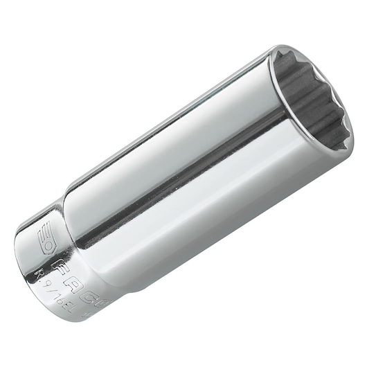 Facom chrome finish deep socket, SKU R.1/2EL, close-up angled on white background.
