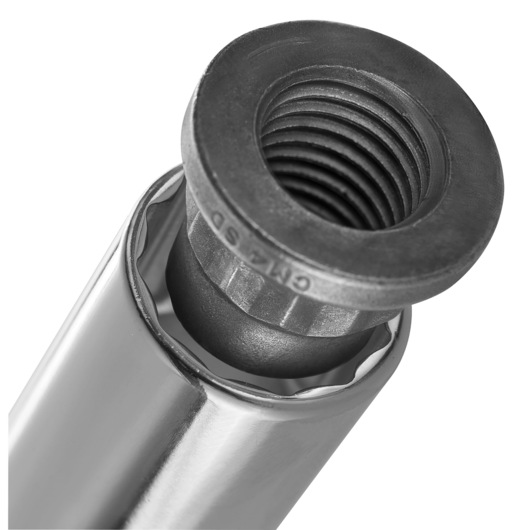 Facom R.1/4EL photography of a chrome socket tool with visible internal threading, angled close-up view.