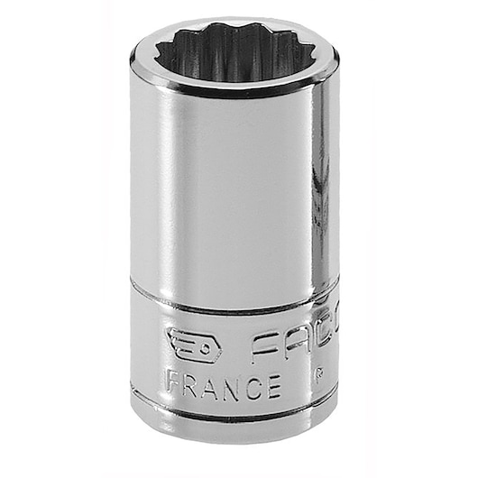 Photo of Facom R.1/4E chrome socket, cylindrical design, tool product on white background.