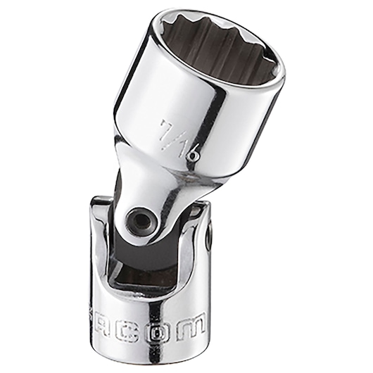 Facom R.1/4F universal joint chrome socket, angled view, engraved size marking visible.