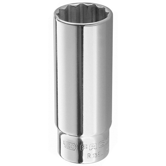 Photo of Facom R_10EL chrome finish deep socket, photographed upright on white background.