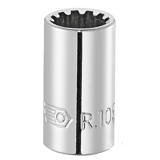 Facom R_10S silver cylindrical socket tool, photography, front angle.