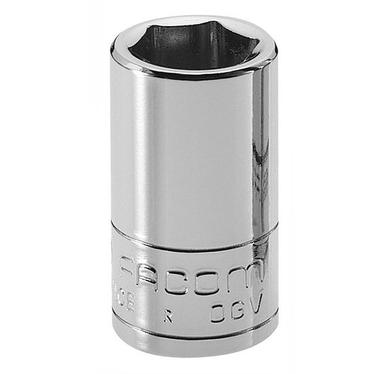 Facom R_10 chrome socket tool, photography, front angle on white background.