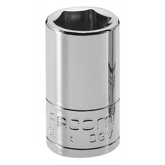 Facom R_12 chrome socket, photography, front angle on white background.
