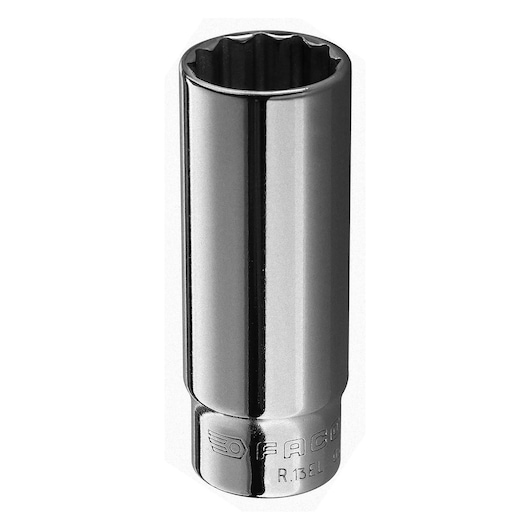 Facom R_13EL chrome long socket, twelve-point design, photographed on white background, product category: Photography