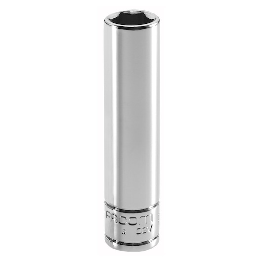 Facom R_14LA chrome long socket, photography of tool standing upright, front angle, white background.